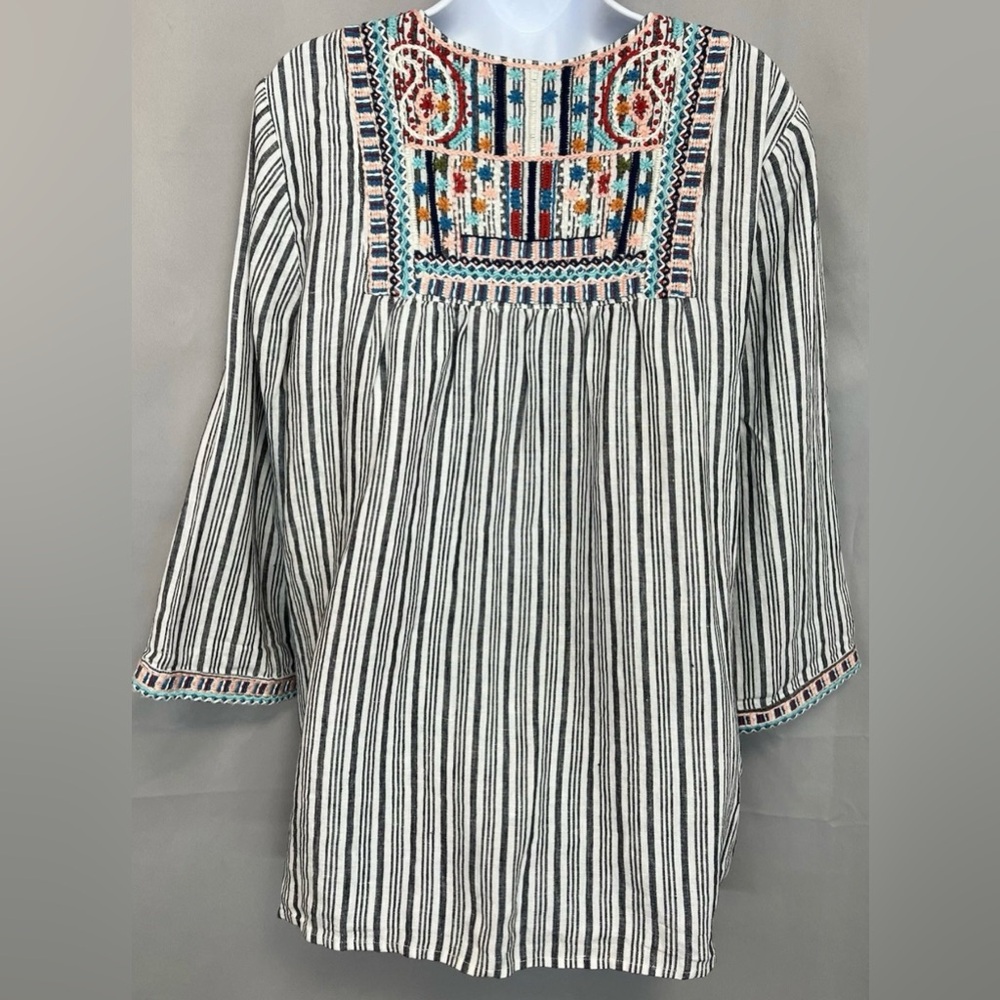 J. Jill Love Linen Striped Embroidered Boho Tunic Top with Tassels L - Picture 8 of 14